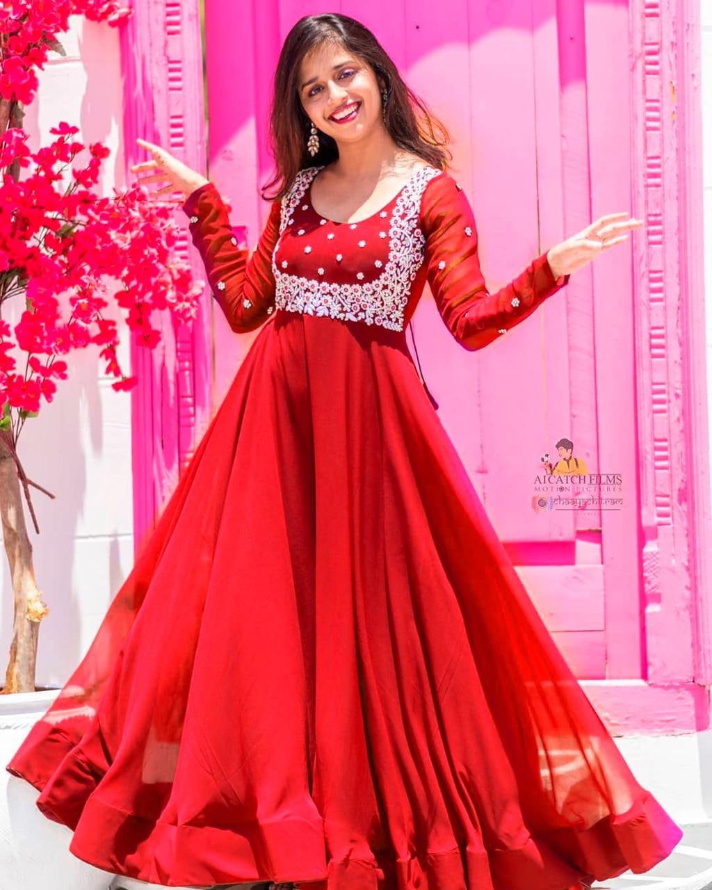 Adorning Red Embroidery Work Gown Designs 2024