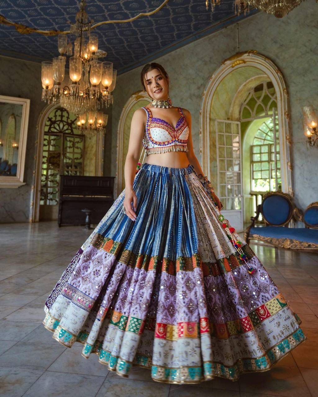 Resplendent Real Pure Mirror Work Navratri Lehenga Choli 2024