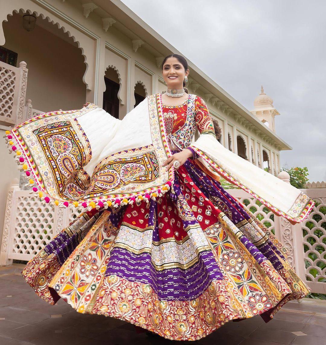 Attractive Multi Color Heavy Mirror Work Navratri Lehenga Choli Bride