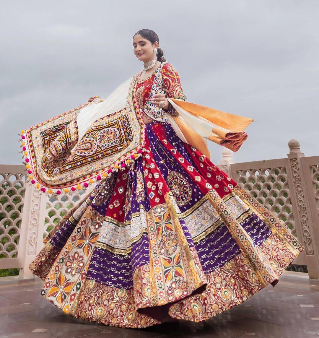 Attractive Multi Color Heavy Mirror Work Navratri Lehenga Choli Bride