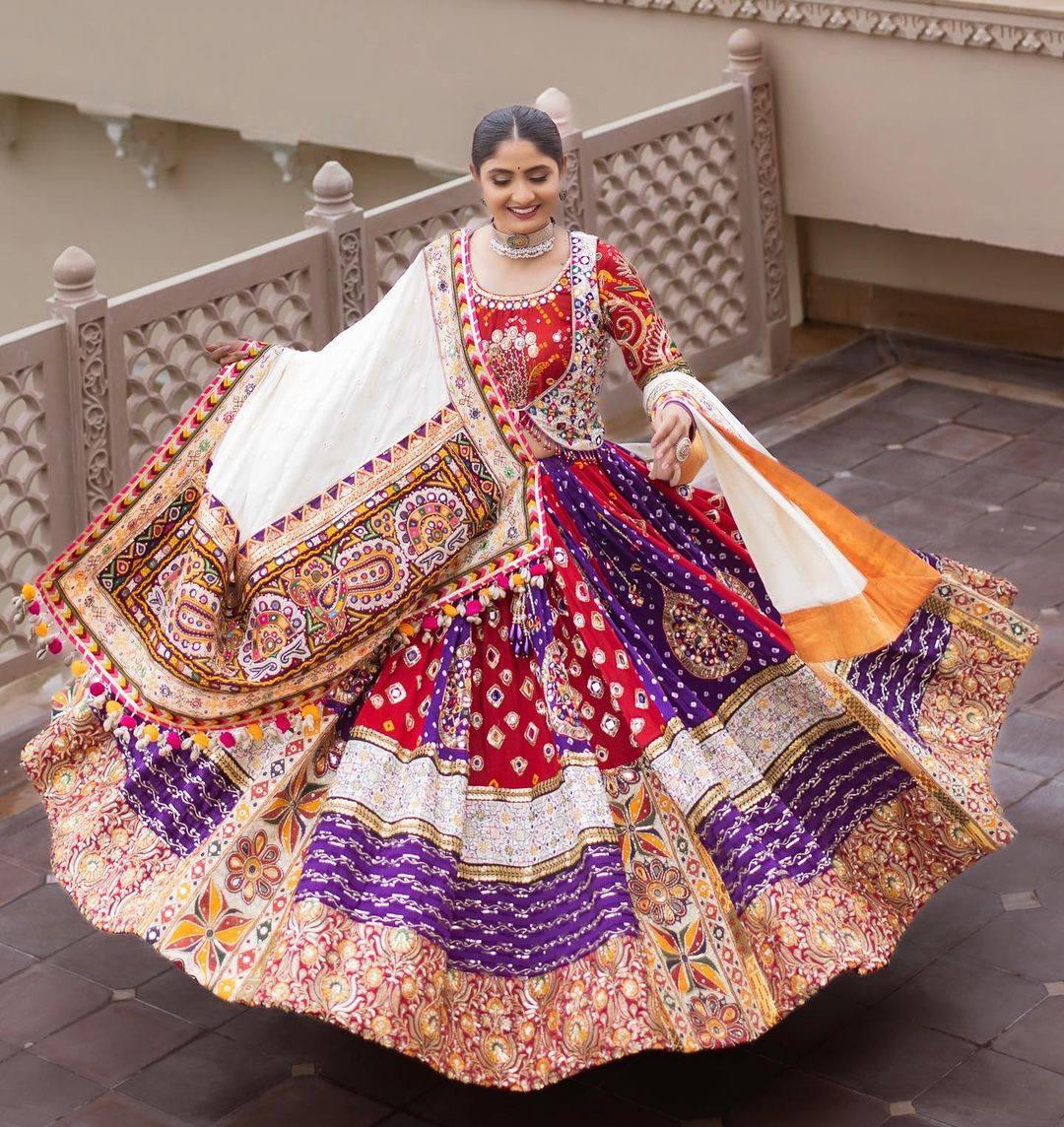 Attractive Multi Color Heavy Mirror Work Navratri Lehenga Choli Bride