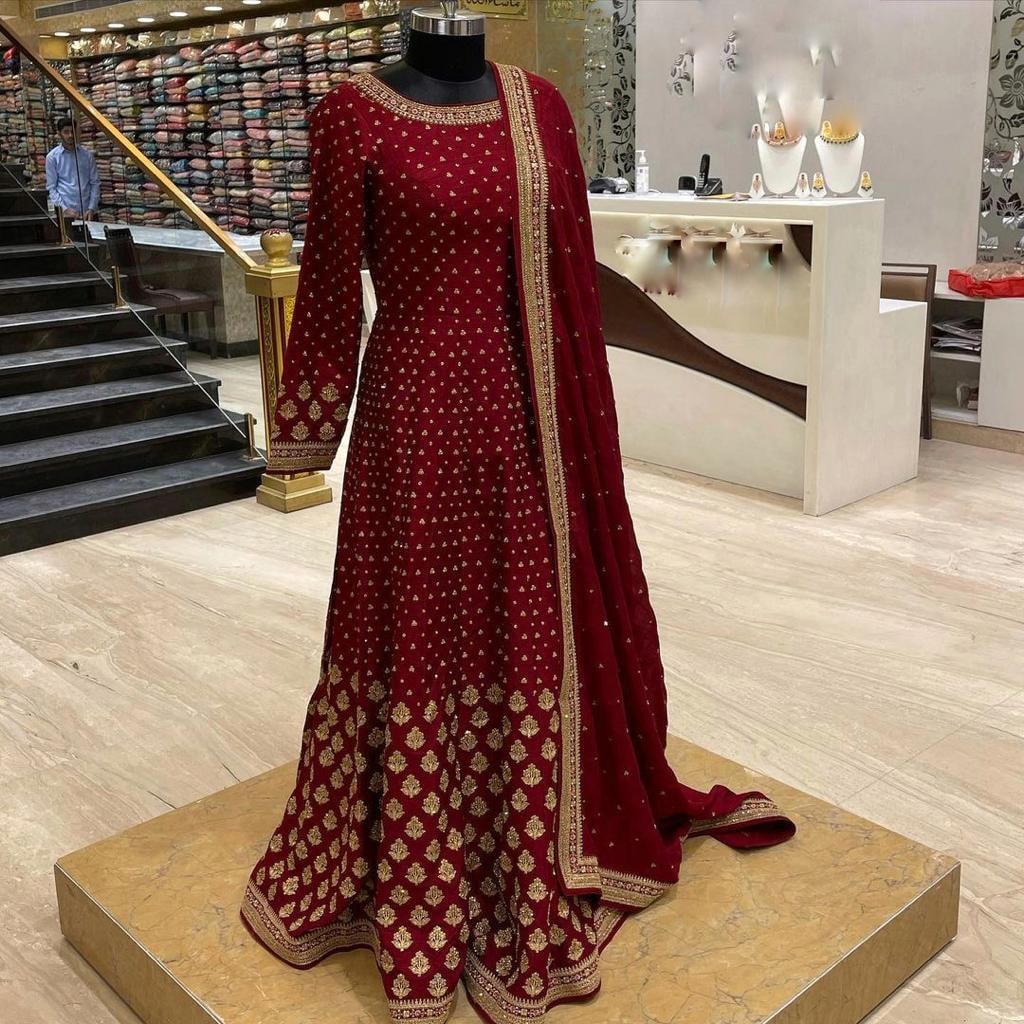 Audacious Maroon Heavy Gown Designs For Wedding