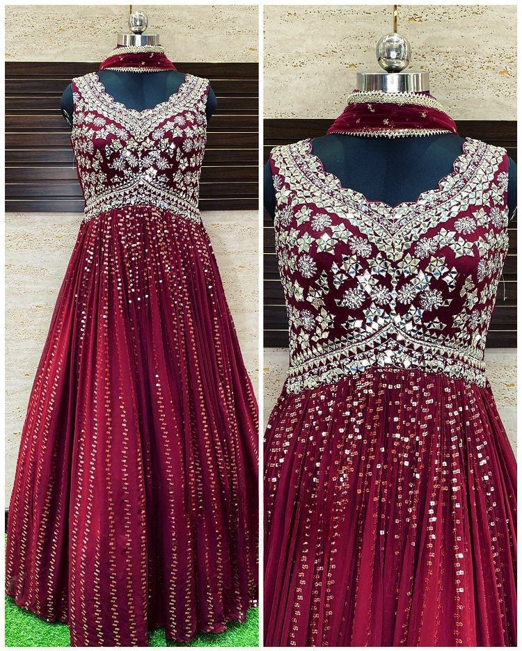 Appealing Designer Maroon Color Gown Designs For Girls