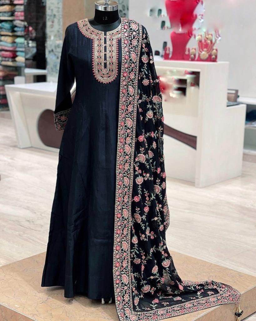 Appealing Black Embroidery Work Anarkali Silk Gown Collection