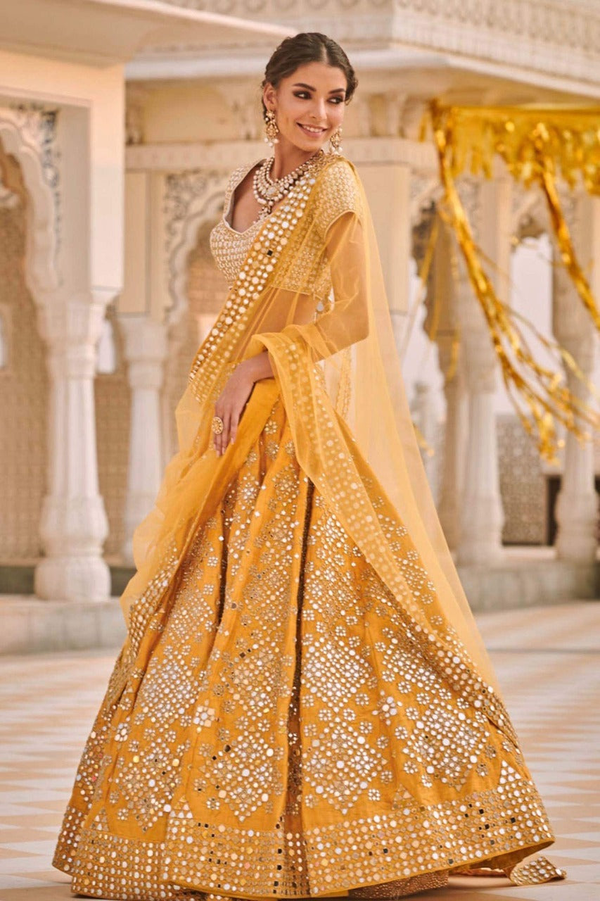 Fabulous Looks Yellow Color Dolla Silk Designer Lehenga Choli