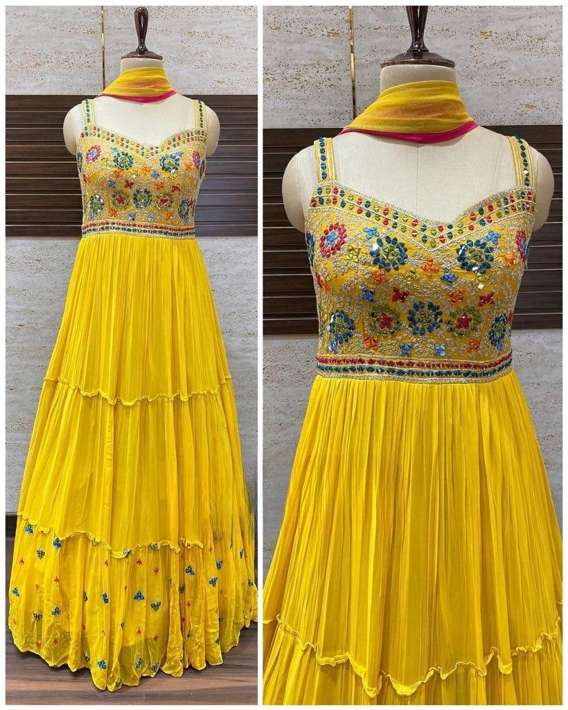 Delightful Heavy Embroidery Wedding Wear Long Yellow Gown