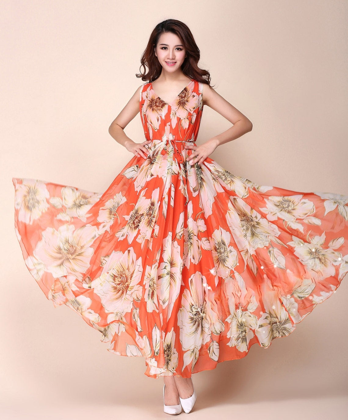 Orange Color Flower Printed Beautiful Gown For Ladies