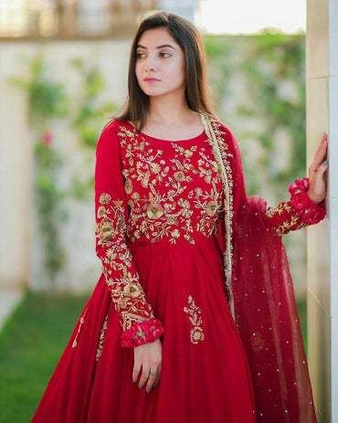 Designer Straight Red Color Embroidery Gown Online