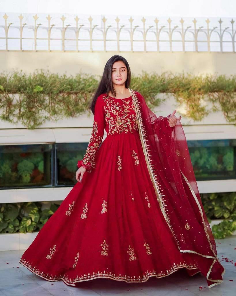 Designer Straight Red Color Embroidery Gown Online