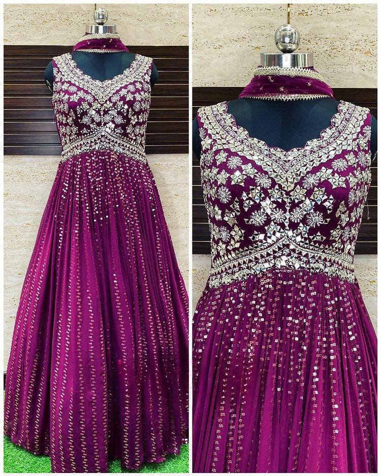 Imposing Wine Color Wedding Wear Heavy Long Gown 2024