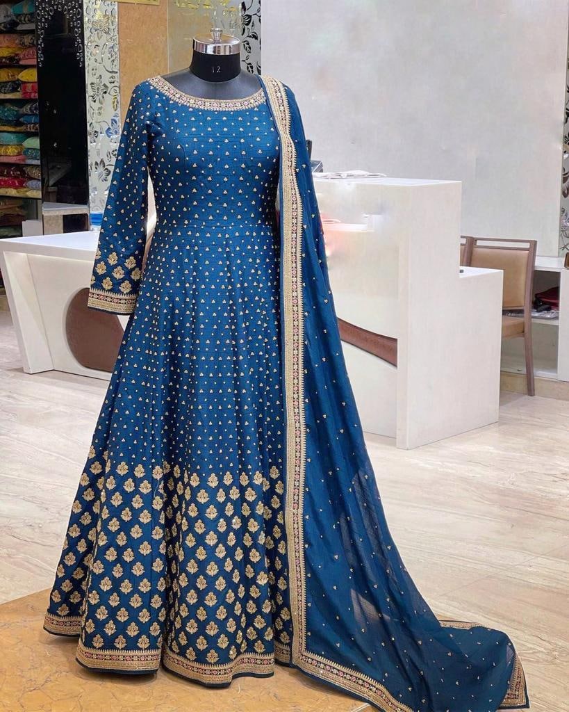 Royal Blue Color Heavy Embroidery Work Gown Designs