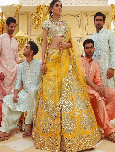 Fabulous Looks Yellow Color Dolla Silk Designer Lehenga Choli