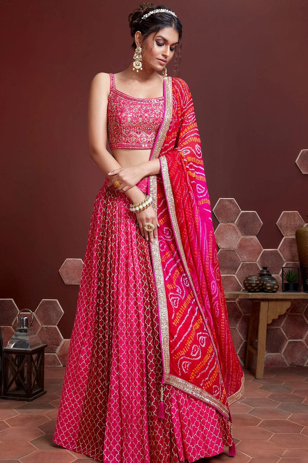 Beautiful Satin Silk Ruby Pink Lehenga Choli For Wedding Wear