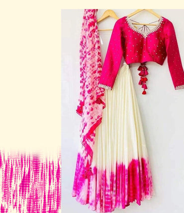 Shibori Marble Dyed Lehenga with Raw Silk Hand Embroidered Blouse In Multi Colors