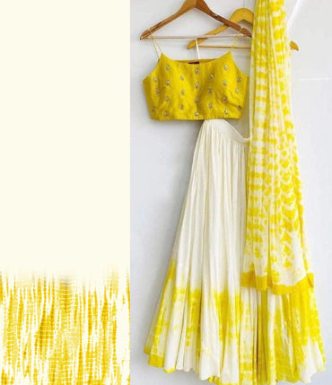 Superlative Georgette Yellow- White Color Lehenga Choli