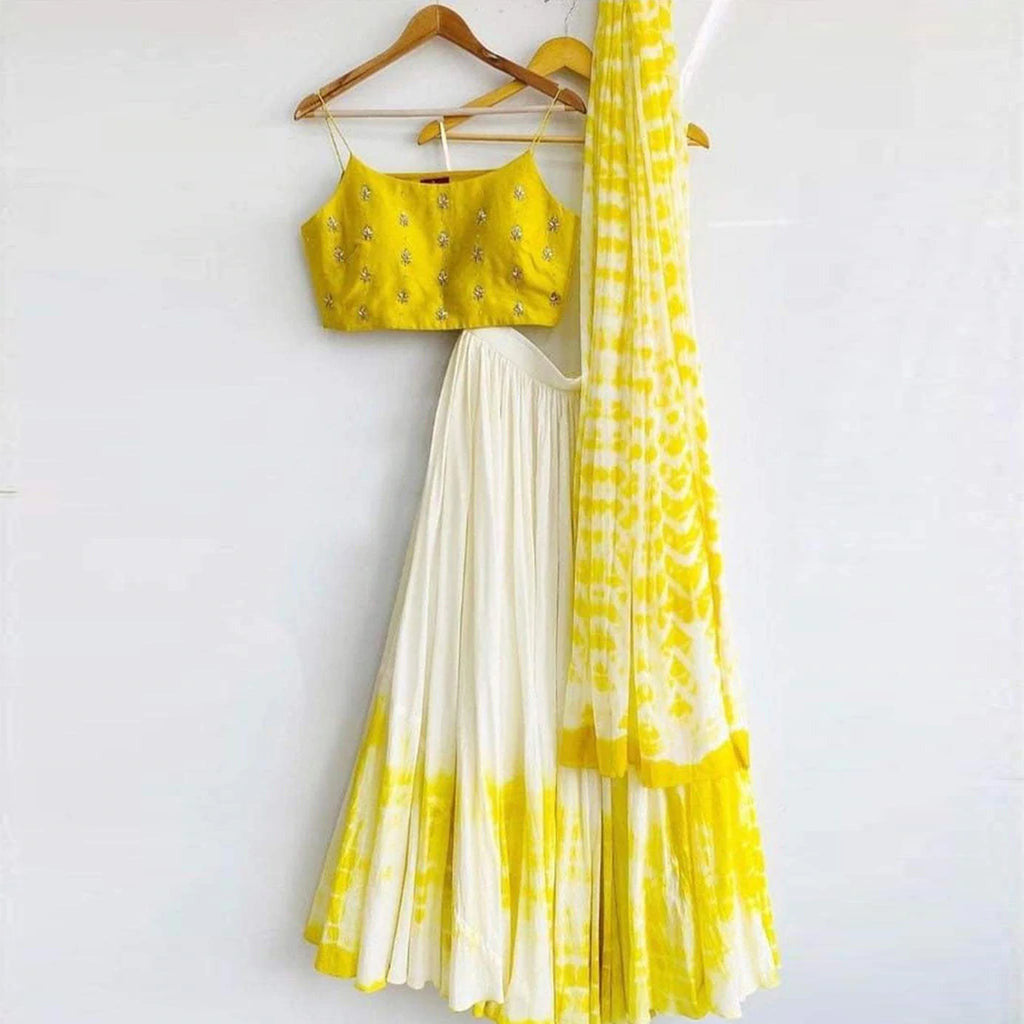 Superlative Georgette Yellow- White Color Lehenga Choli