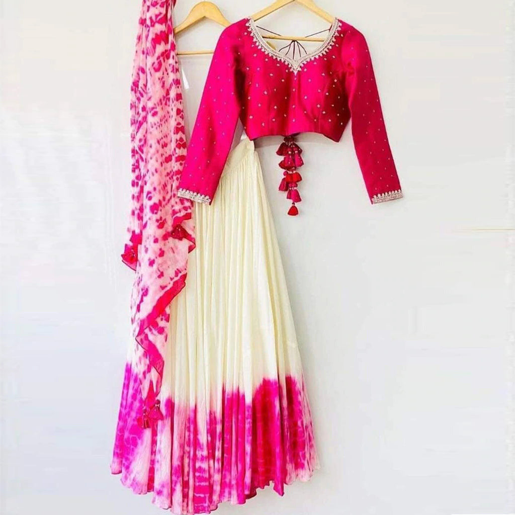 Shibori Marble Dyed Lehenga with Raw Silk Hand Embroidered Blouse In Multi Colors