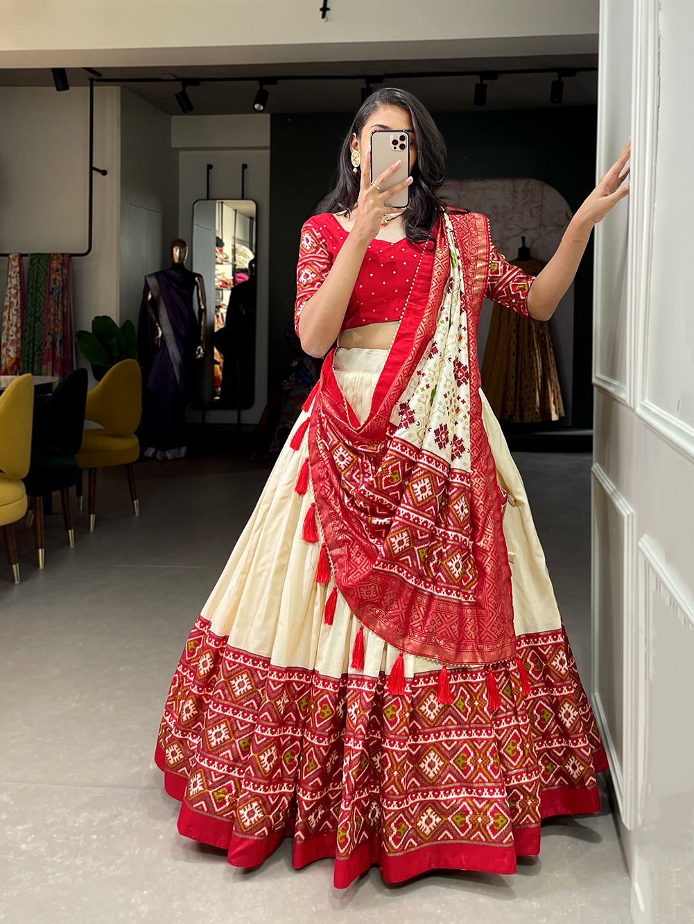 Pure Silk Wedding Lehenga in Off White & Red Color With Embroidery Work &  Stone Work