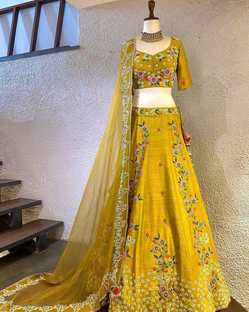 Lustrous Pure Silk Yellow Color Online Lehenga Choli Designs