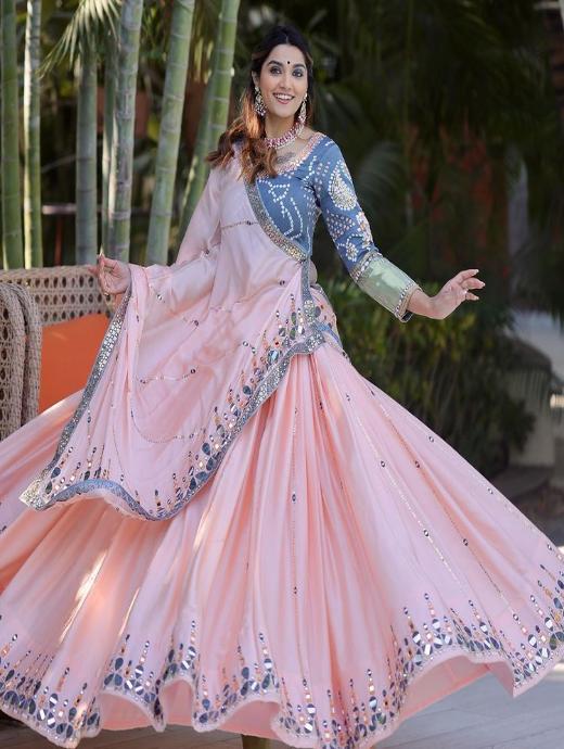 Precious Real Mirror Work Light Peach Color Lehenga Choli