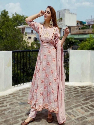 Digital Print Light Pink Color Latest Designer Bandhani Kurti With Full Stitched Palazzo