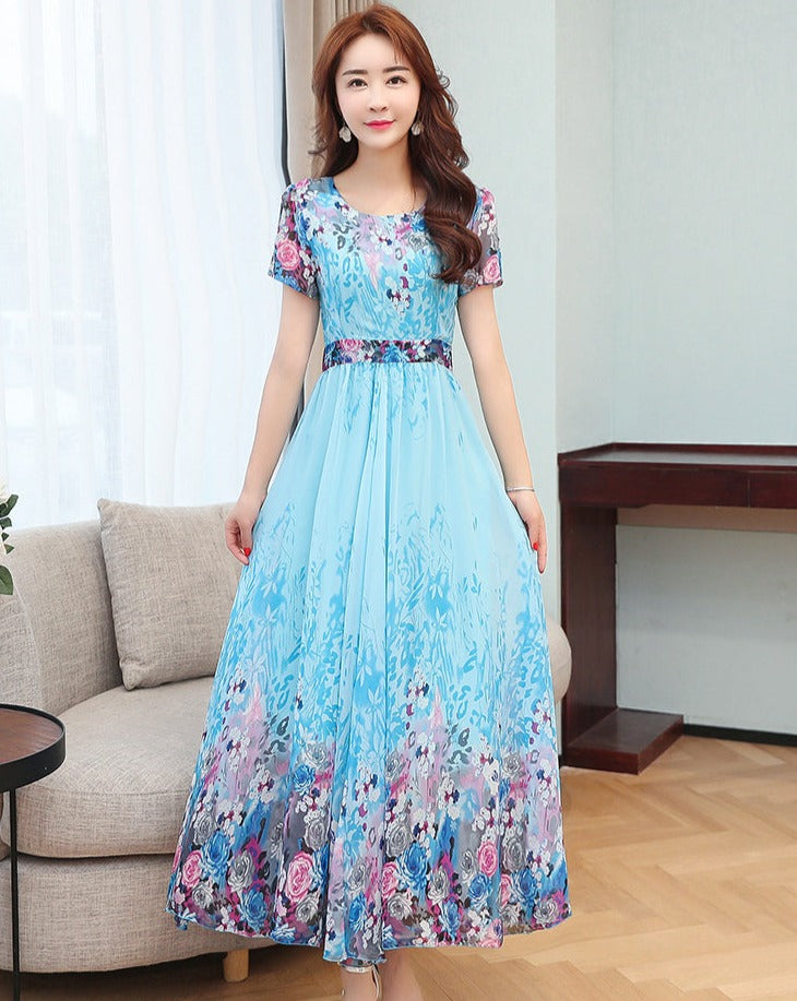 Sky Blue Color Flower Printed Anarkali Gown For Girls