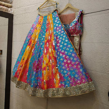 Party Wear Multi Color Mirror With Printed Lehenga Choli