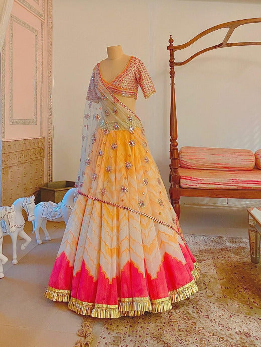 Semi-Stitched Pure Organza Foil Mirror Work Wedding Wear Lehenga at Rs 6540  in Surat