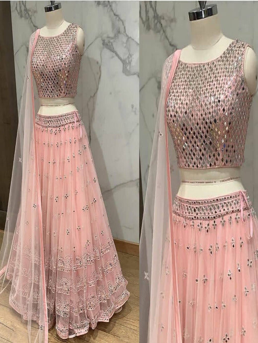 Light Color Designer Mirror Work Lehenga Choli