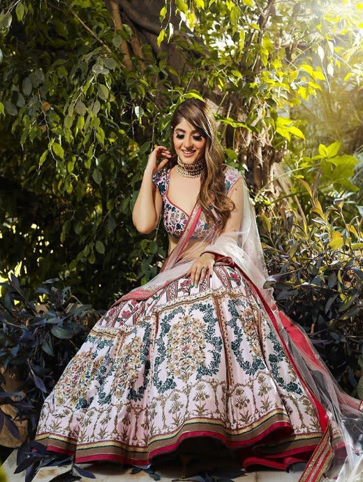 Heavy Art Silk White Color Digital Printed Lehenga