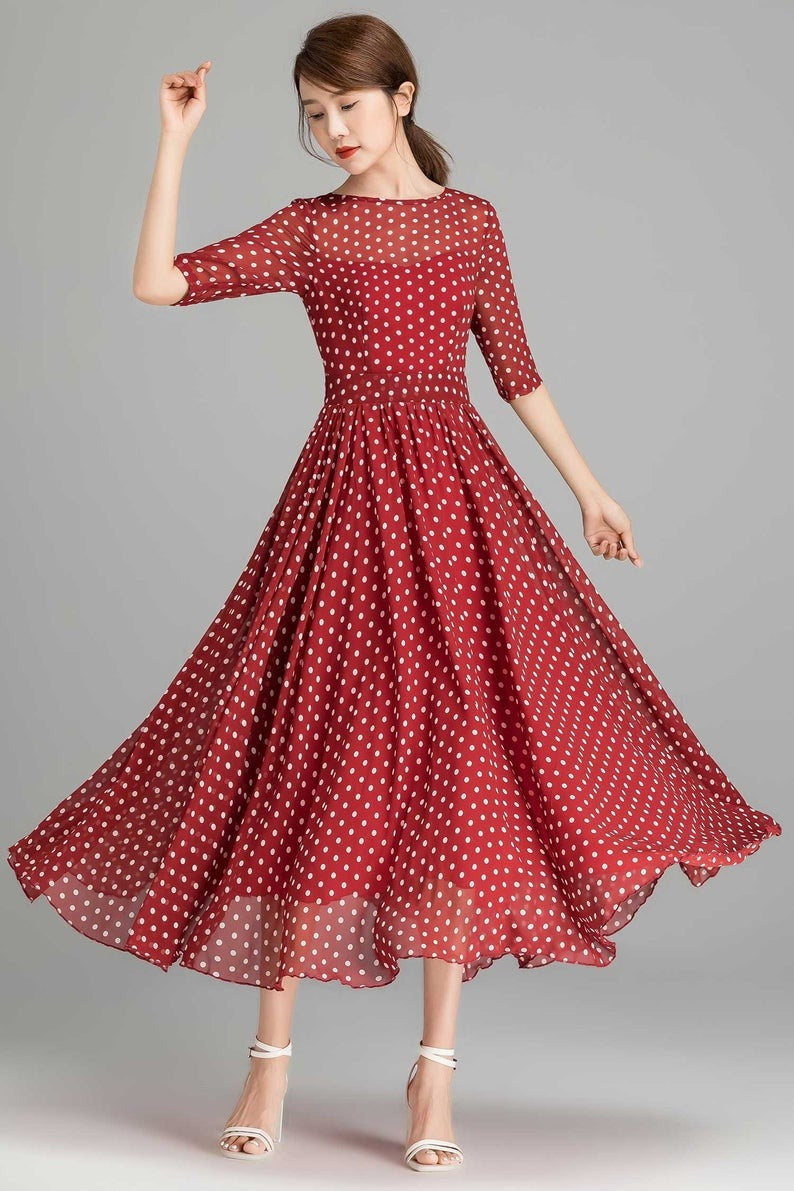 Maroon Color White Dot Printed Gorgette Gown