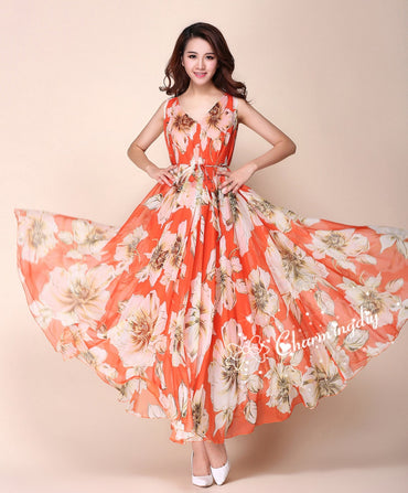 Orange Color Flower Printed Beautiful Gown For Ladies